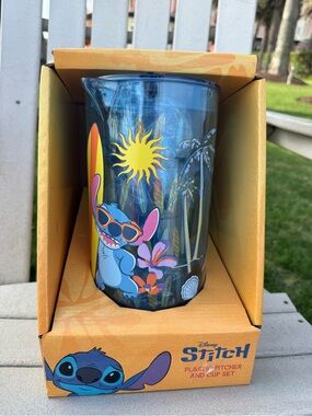 Disney Blue Stitch Tropical Sun Pitcher and 4 Cups
